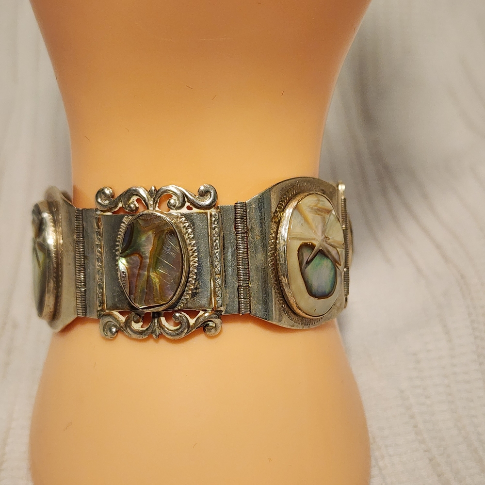 Vintage Taxco Sterling Silver 925 Abalone Panel Bracelet Mexico 7" Ornate - Picture 13 of 15
